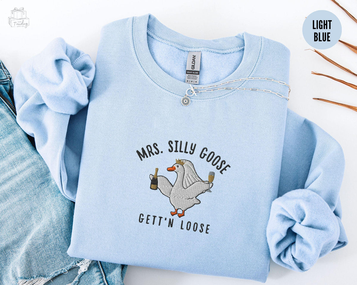 Embroidered Mrs Silly Goose Bride Sweatshirt Goose Lover SweaterMarried Couple Matching Shirt Wedding GiftLuxury Bachelorette Crewneck Sweatshirt – Fan Favorite · High-Quality Print